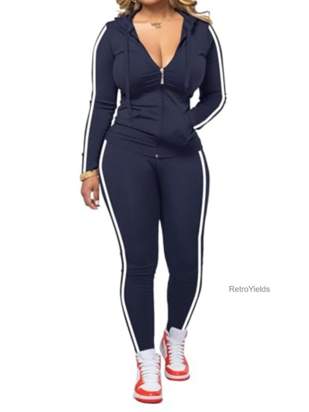 2 Piece Workout Set Striped Bodycon Tracksuit Zip Up Long Sleeve Hoodie Jogger